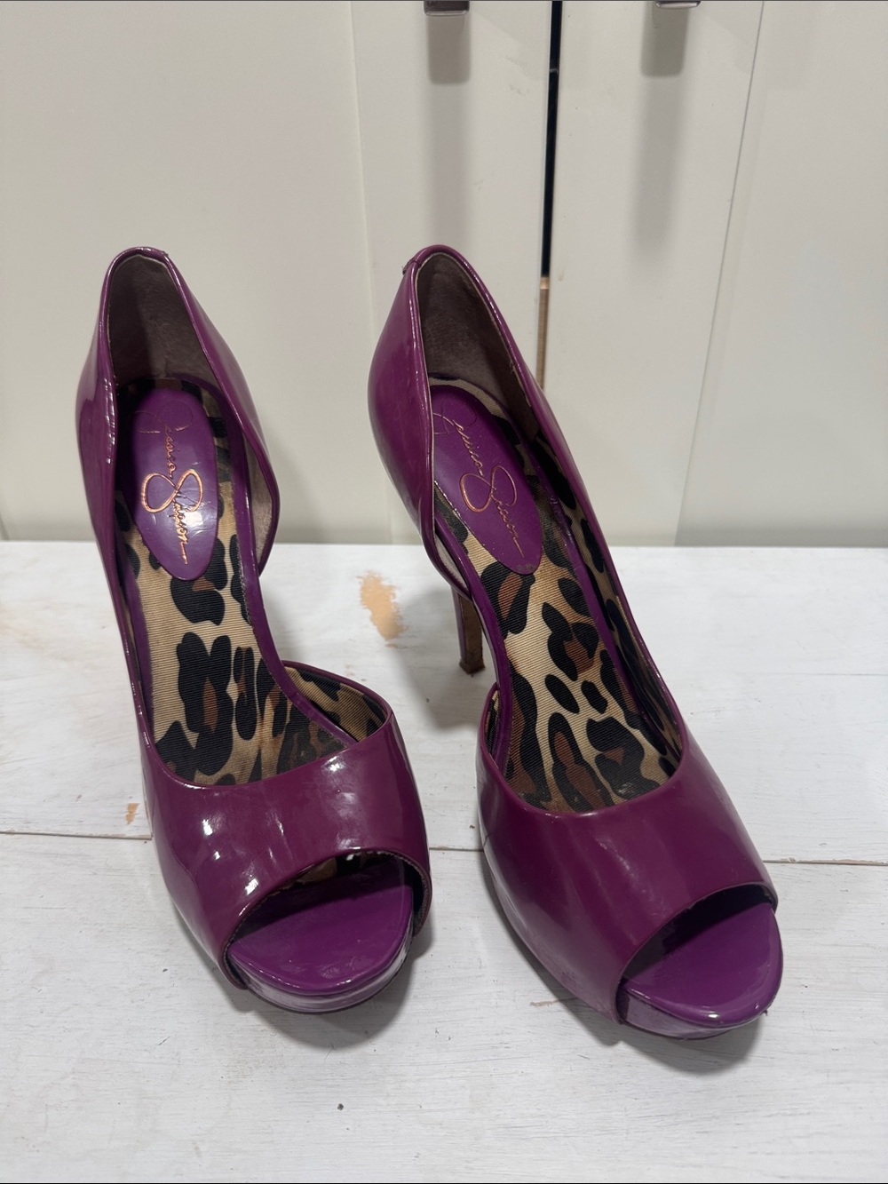 Jessica Simpson Purple Patent Peep-Toe Stiletto Pumps with Leopard Insole